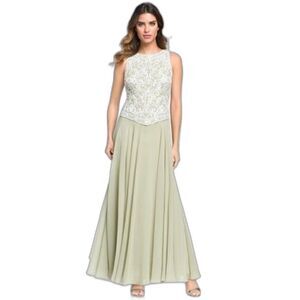 J Kara Gown Women’s Size 8 Green Long Length Beaded Bodice V-Trim Sleeveless